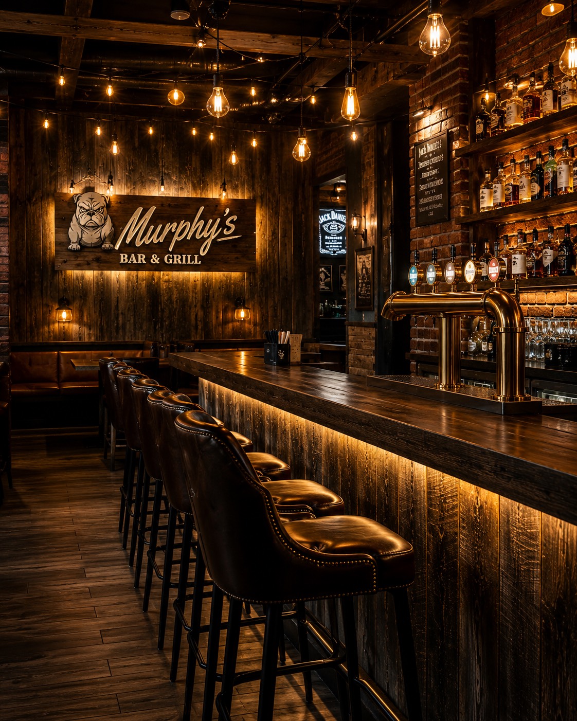 Rustikales Interieur von Murphy's Bar mit Holzbalken und warmem Licht